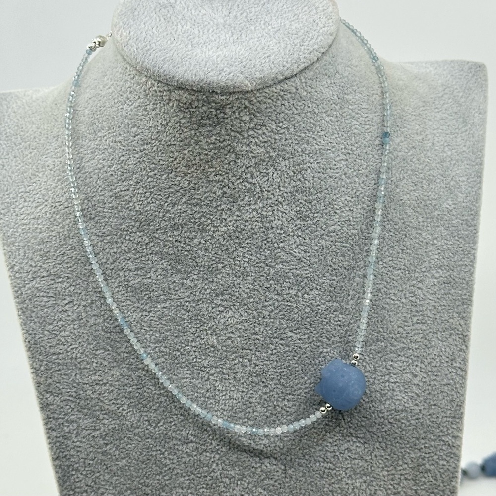 New Handmade Aquamarine 2mm Strand with Hello Kitty Angelite Bead Necklace 16”